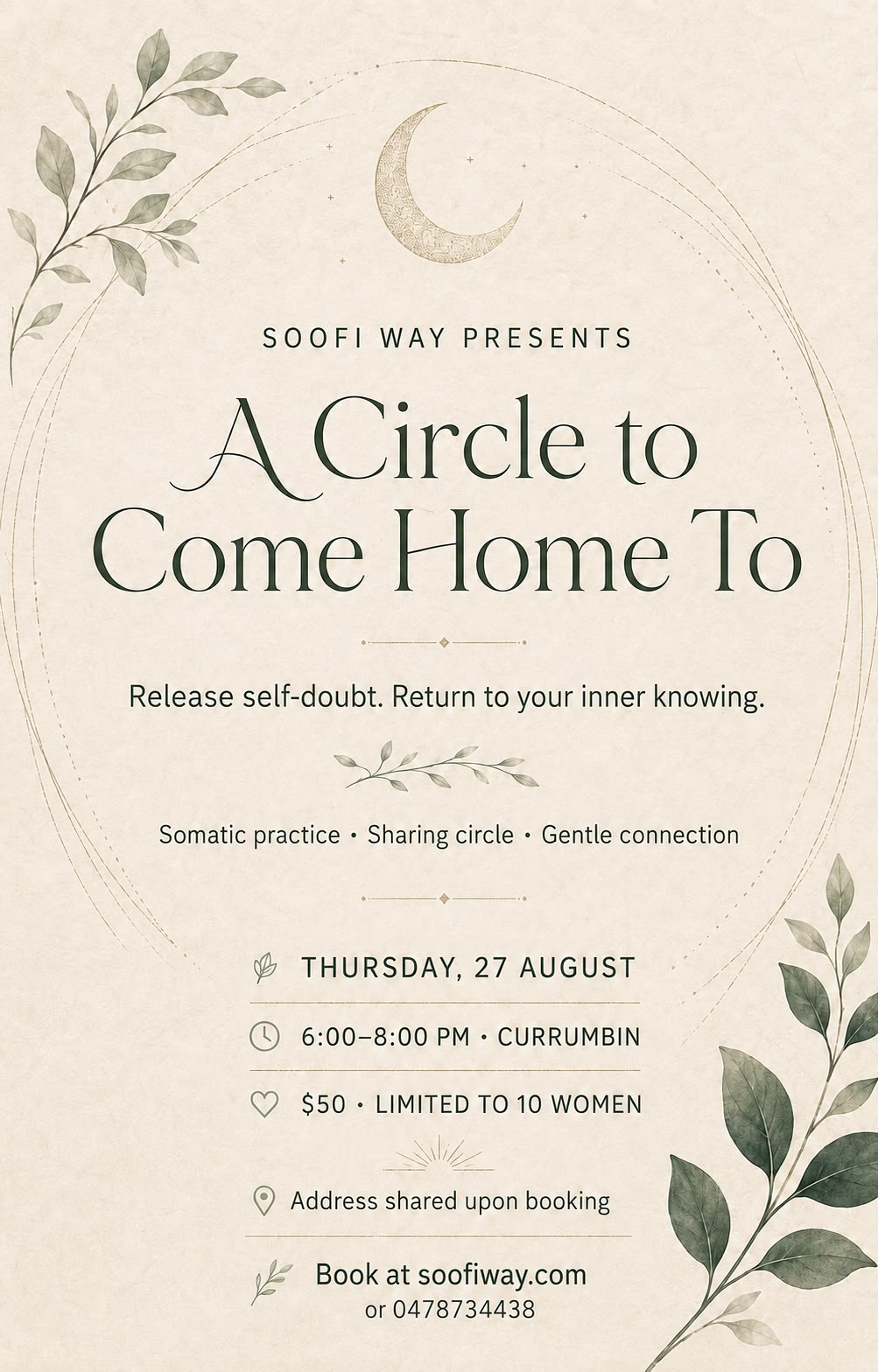 A Circle to Come Home To — intimate women's circle in Currumbin, Thursday 27 August 6–8 PM