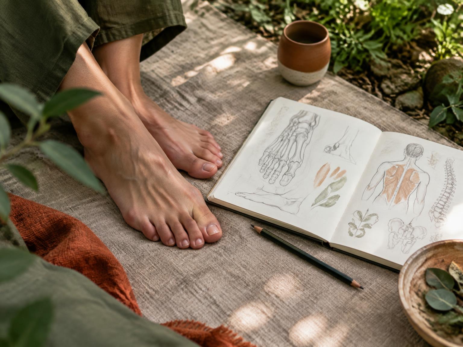 Feet beside an illustrated body-awareness notebook